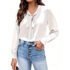 Women's Satin Silk Long Sleeve Blouse with Bow Tie Neck Office Work Wear Elegant Tops