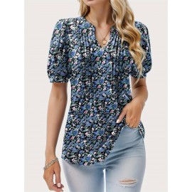 Floral Print Notched Neck Blouse, Casual Pleated Puff Sleeve Blouse For Spring & Summer, Women's Clothing