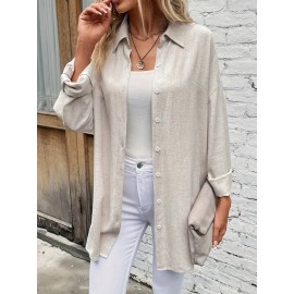 Solid Lapel Neck Button Down Blouse, Elegant Long Sleeve Spring & Fall Blouse For Business Or Leisure, Women's Clothing