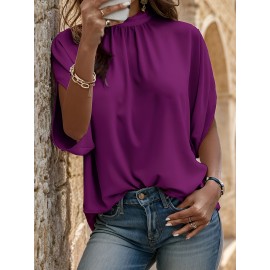 Womens Elegant Pintuck Batwing Sleeve Blouse - High Neck, Micro Elasticity, Solid Color, Machine Washable, Casual Top for Spring & Fall - Tooluck Brand