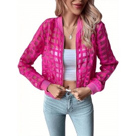 Women's Sheer Bomber Jacket Long Sleeve Baseball Collar Hollow Out Zip Up Jacket Outwear