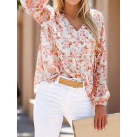 Floral Print V Neck Blouse, Casual Baggy Lantern Long Sleeve Blouse For Spring & Fall, Women's Clothing