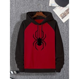 Men's Plus Size Color Block Hoodie: Comfy Long Sleeve Sweatshirt With Spider Print & Pocket