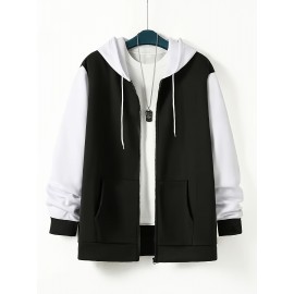 Plus Size Men's Contrast Color Hooded Jacket For Spring Fall, Trendy Casual Outdoor Sports Jacket