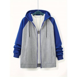 Plus Size Men's Full Zip Hoodies, Color Block Long Sleeve Drawstring Jacket Best Sellers