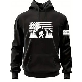 Plus Size Men's US Flag & Mountain Print Hoodies Oversized Hooded Sweatshirt For Autumn/winter, Men's Clothing