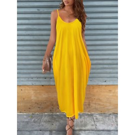 Chic V-Neck Cami Dress with Pockets - Lightweight & Flattering for Spring/Summer - Everyday Casual Style