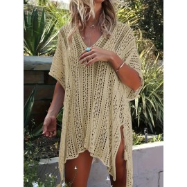 Hollow V Neck Knitted Coverup Dress, Vacation Batwing Sleeve Tied Side Beach Dress, Women's Clothing