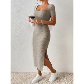 Womens Elegant Bodycon Dress - Square Neck, Short Sleeve, Micro Elasticity, Polyester, Solid Color, Ribbed Split Hem, Perfect for Spring & Summer