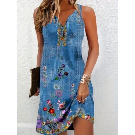 Flirty Floral Print Notched Neck Tank Dress - Casual & Chic, Sleeveless for Spring & Summer, Womens Lightweight Fashion Must-Have