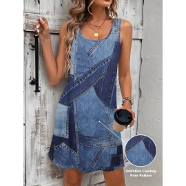 Vibrant All Over Print Imitation Denim Tank Dress - Relaxed Fit, Crew Neck, Sleeveless, Mid-Elastic Polyester Fabric, Perfect for Casual Summer Wear - Womens Customized Clothing for Spring and Summer Seasons