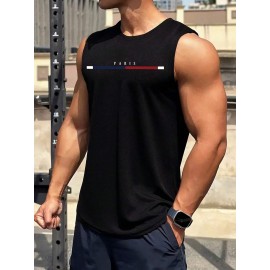 Mens Summer Graphic Print Sleeveless Tank Top - Lightweight, Breathable, Crew Neck, Polyester, Slight Stretch, Regular Fit, Alphabets Pattern, Hand Wash Only, Perfect for Gym, Training, and Casual Wear