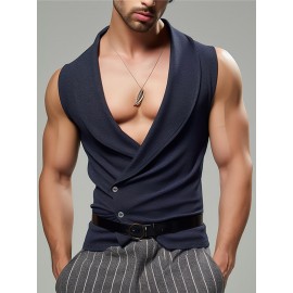 Mens Stylish Sleeveless Deep-V-Neck Lapel Collar Tank Top Vest - Button Front, Slight Stretch Polyester Fabric, Regular Fit, Solid Color, Perfect for Summer Casual Wear