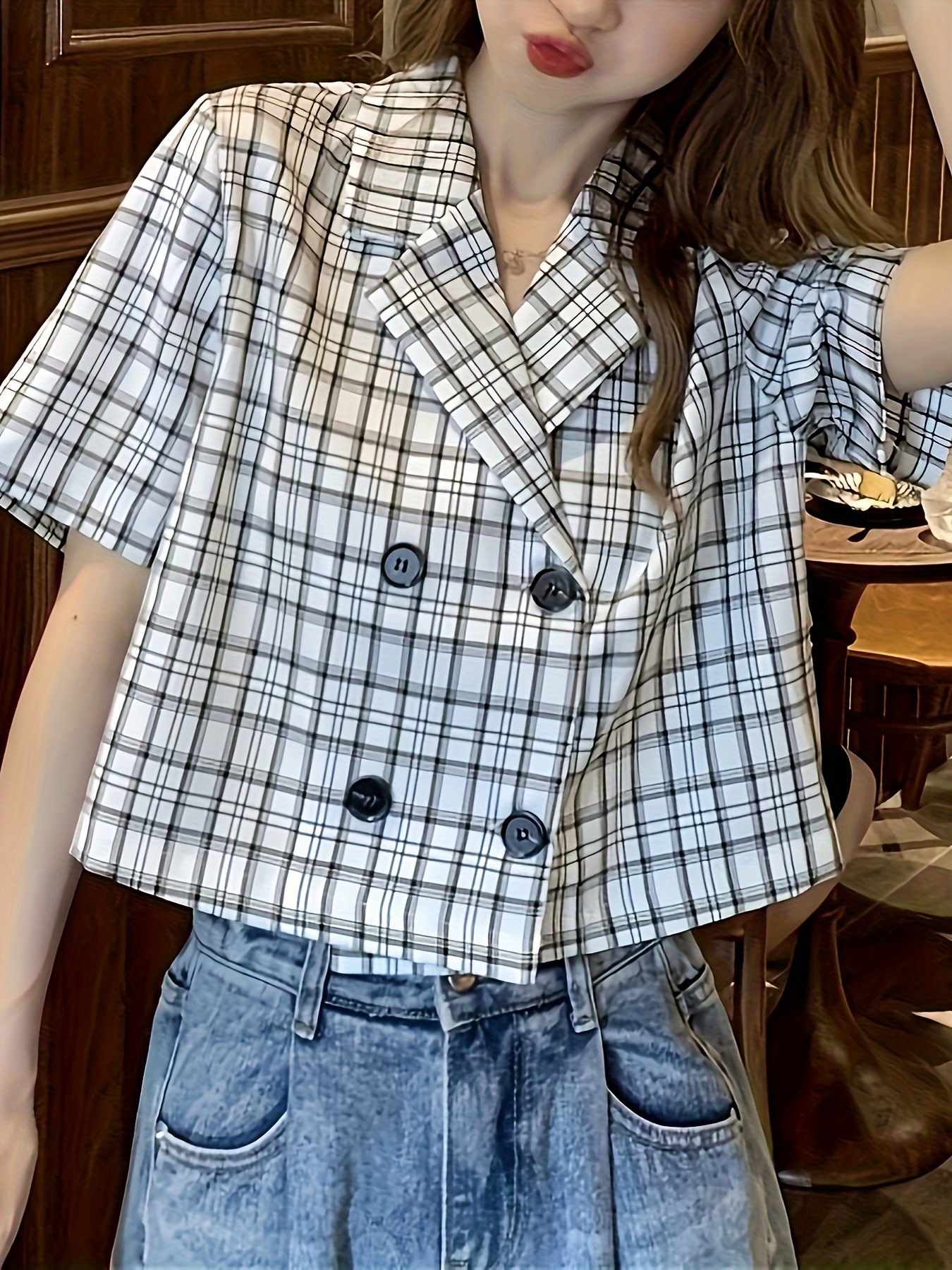 plaid print double breasted crop blouse casual short sleeve lapel blouse for spring summer womens clothing details 0