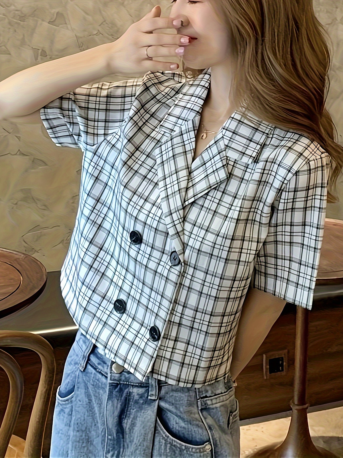 plaid print double breasted crop blouse casual short sleeve lapel blouse for spring summer womens clothing details 4