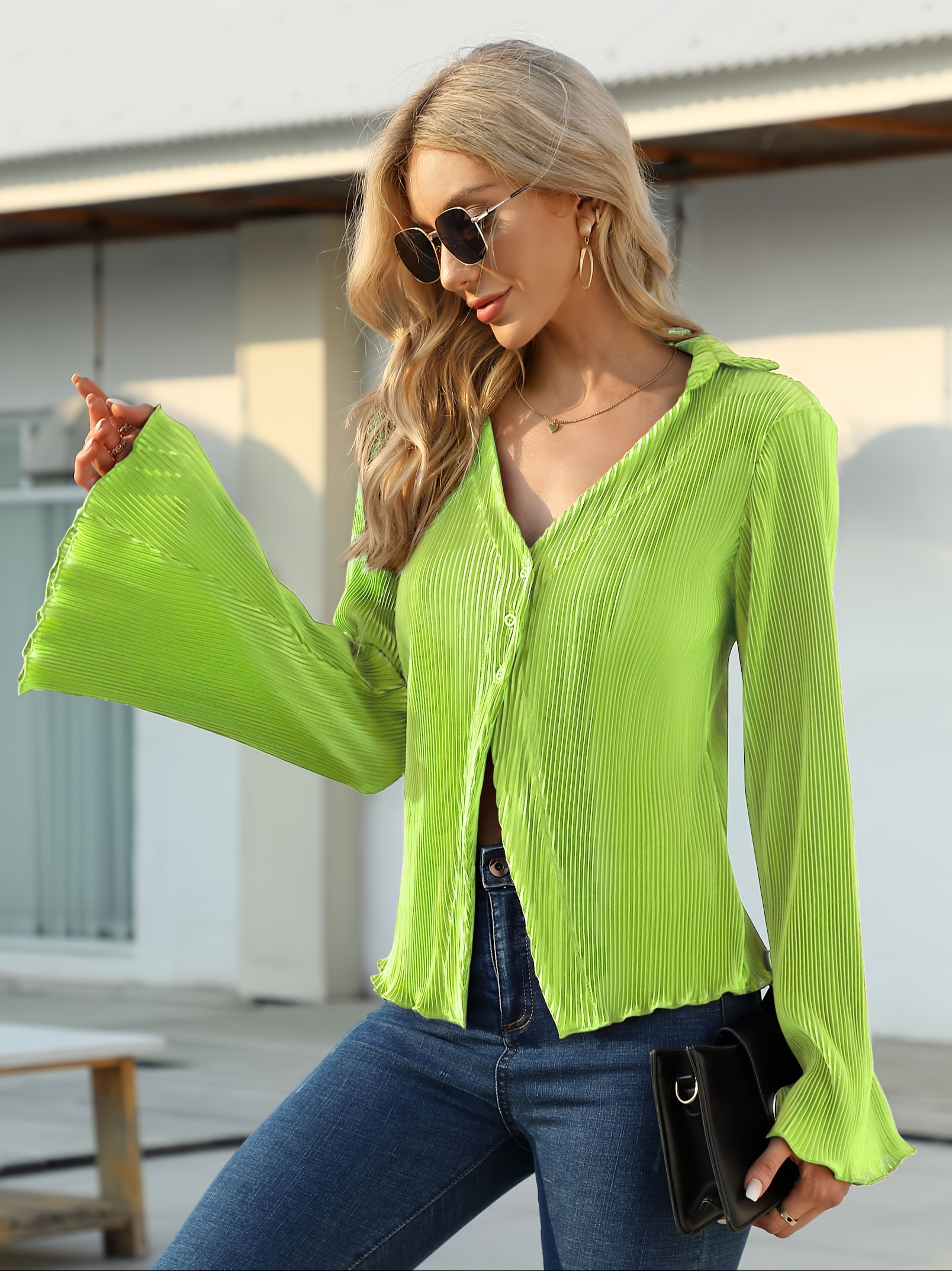 solid pleated v neck blouse casual button front bell sleeve blouse for spring fall womens clothing details 7