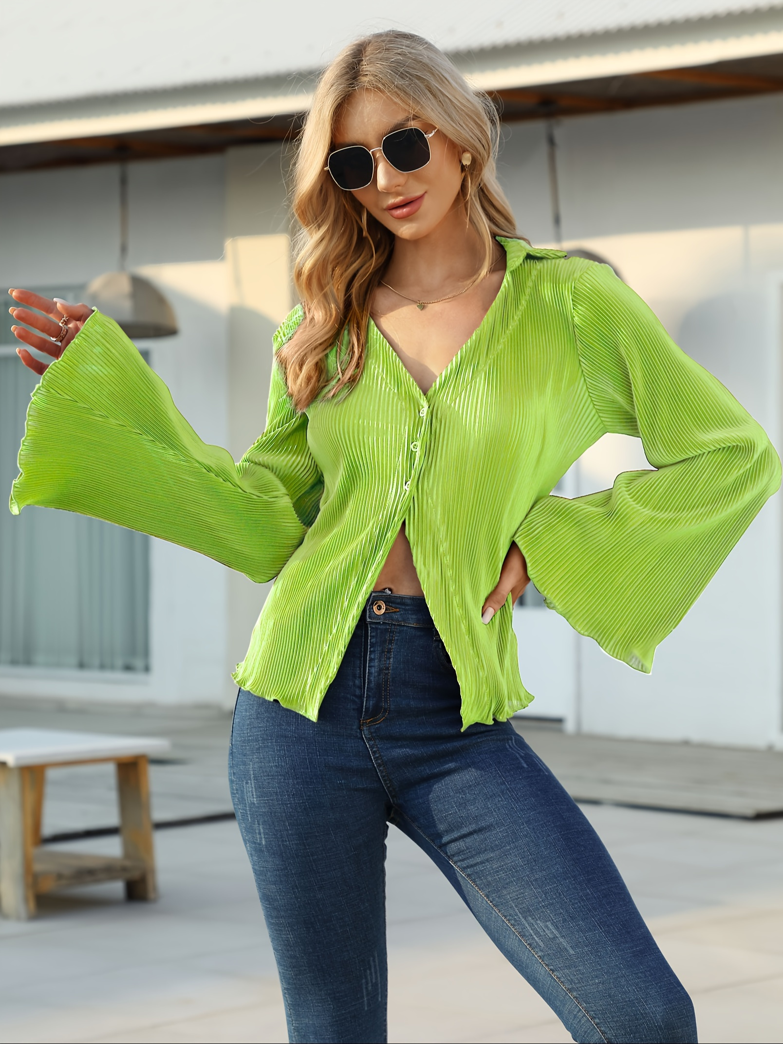 solid pleated v neck blouse casual button front bell sleeve blouse for spring fall womens clothing details 11