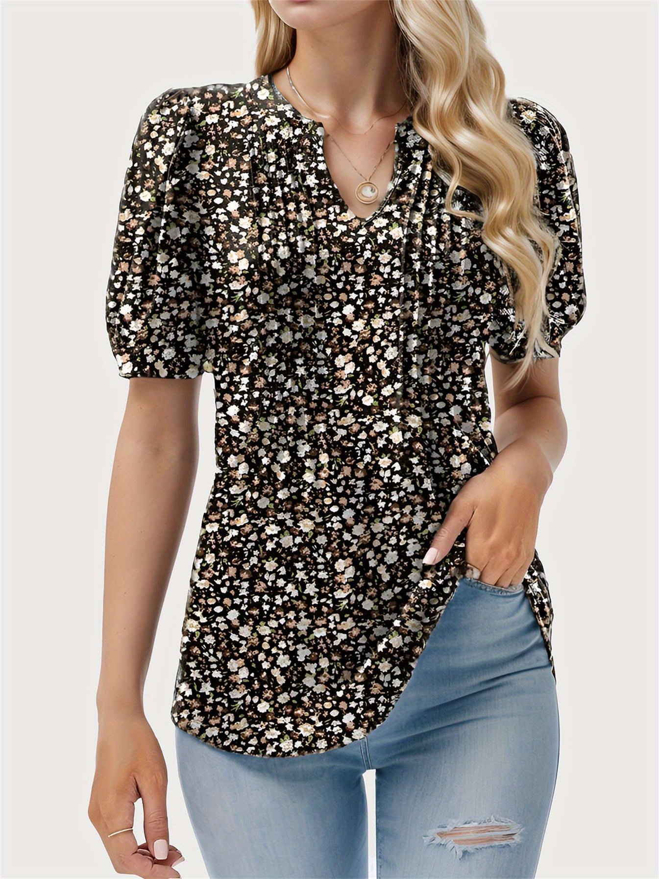 floral print notched neck blouse casual pleated puff sleeve blouse for spring summer womens clothing details 8