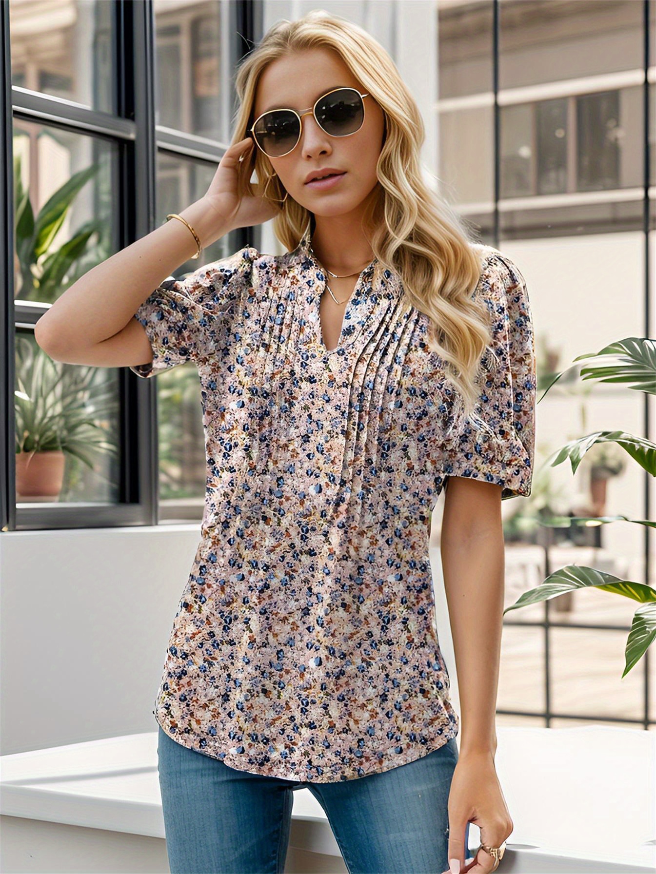 floral print notched neck blouse casual pleated puff sleeve blouse for spring summer womens clothing details 13