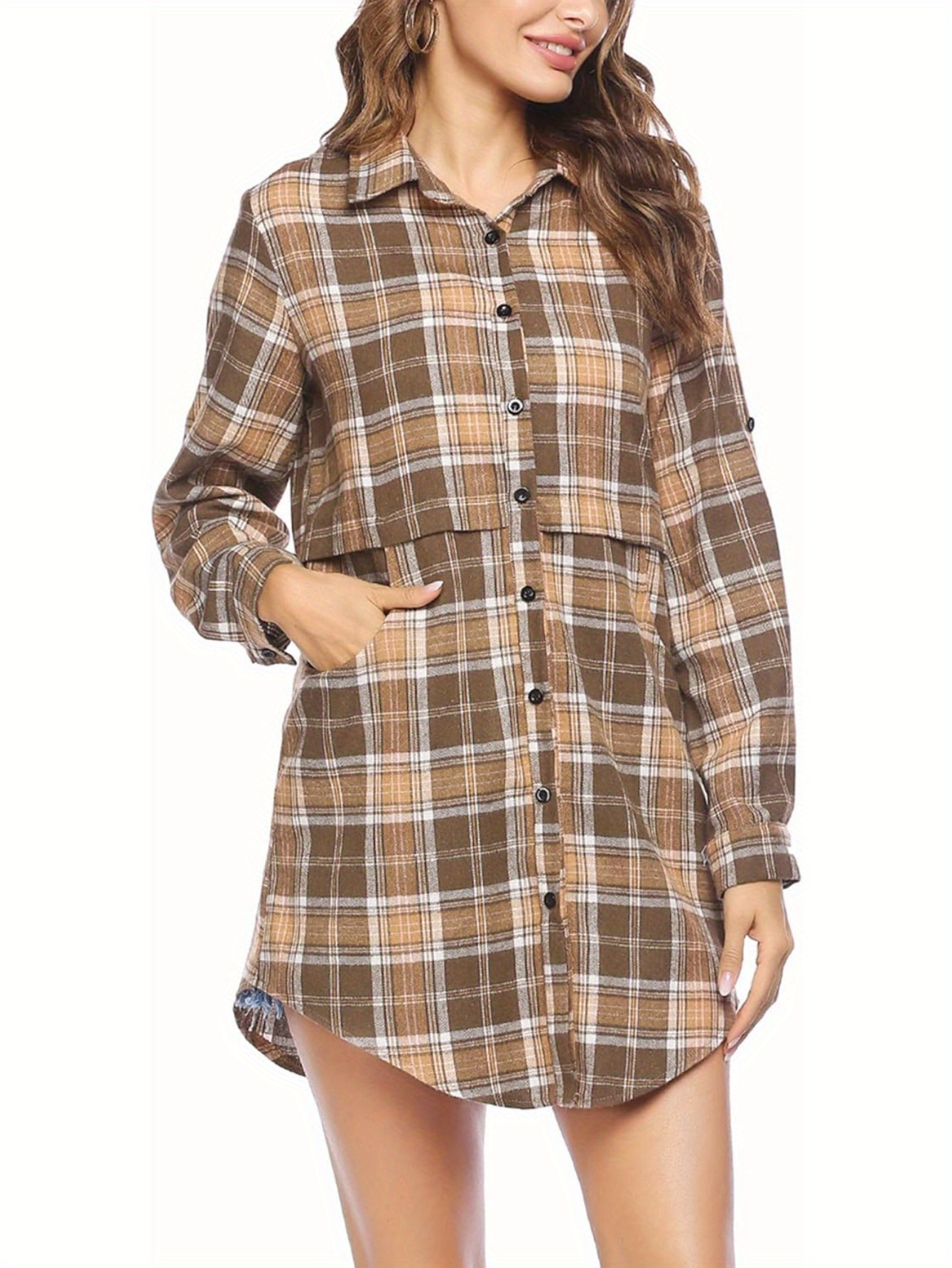 womens flannel plaid shirts roll up long sleeve pockets   long casual   details 1