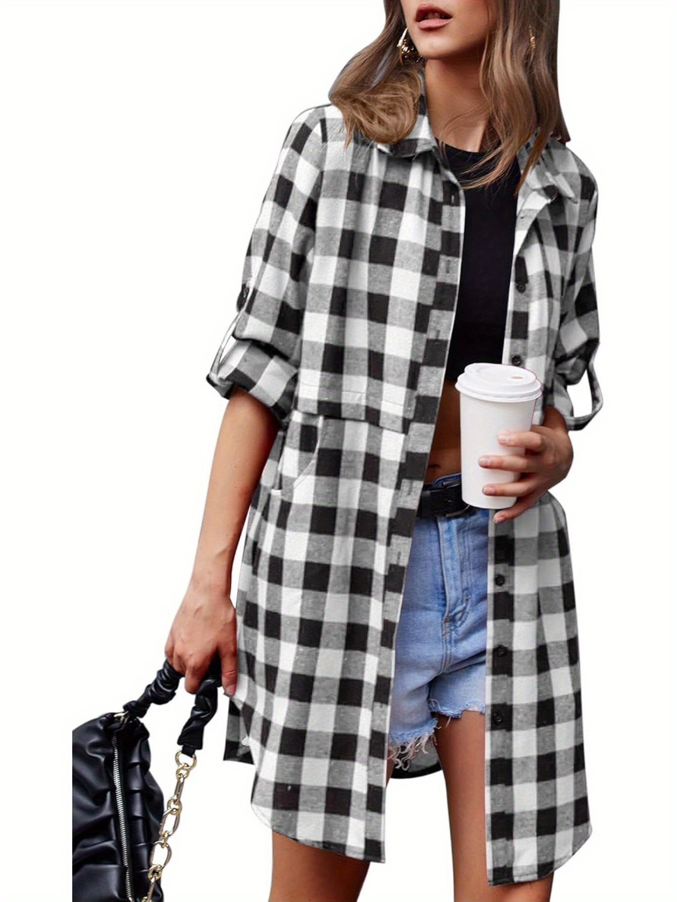 womens flannel plaid shirts roll up long sleeve pockets   long casual   details 5