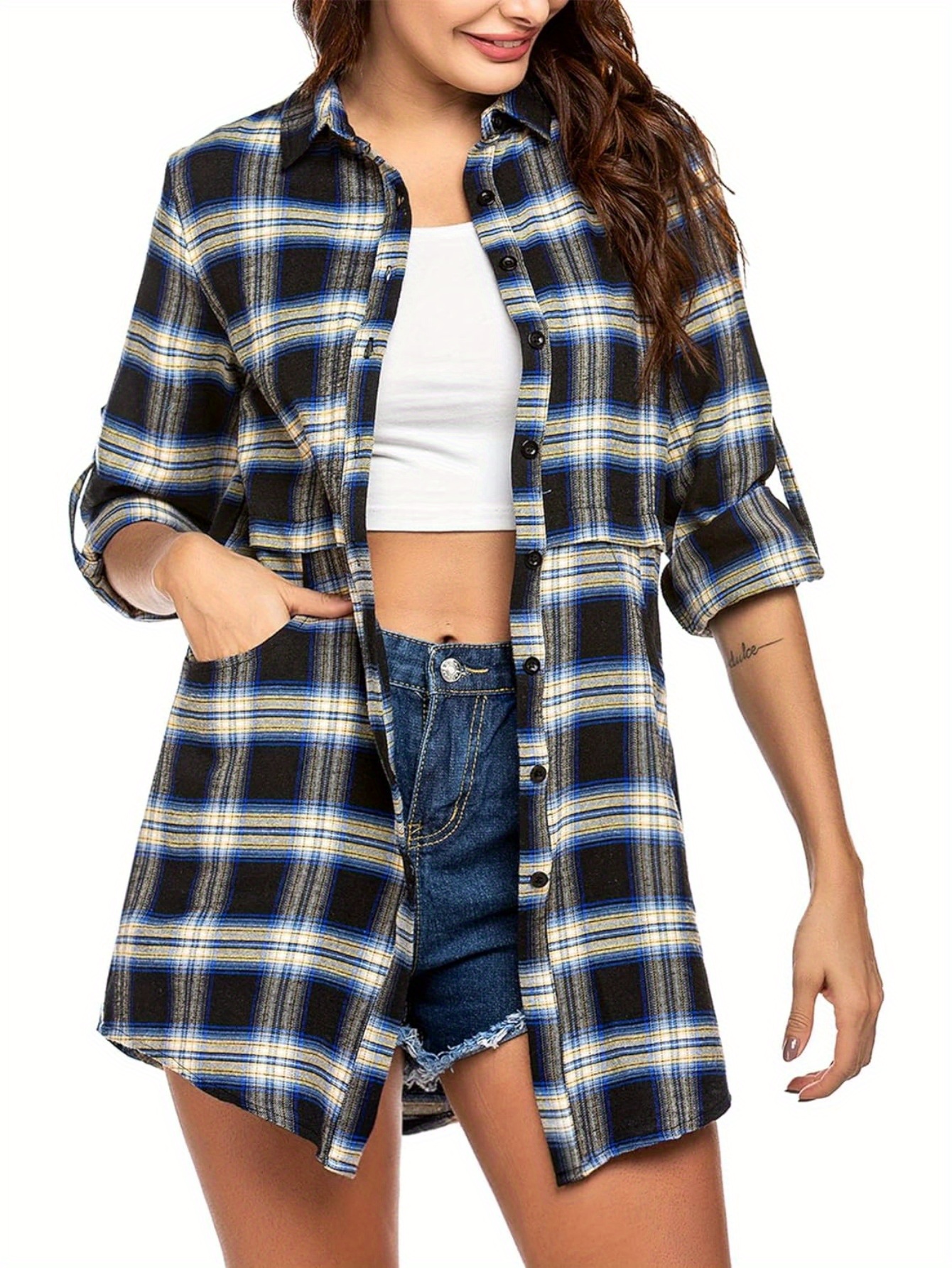 womens flannel plaid shirts roll up long sleeve pockets   long casual   details 13