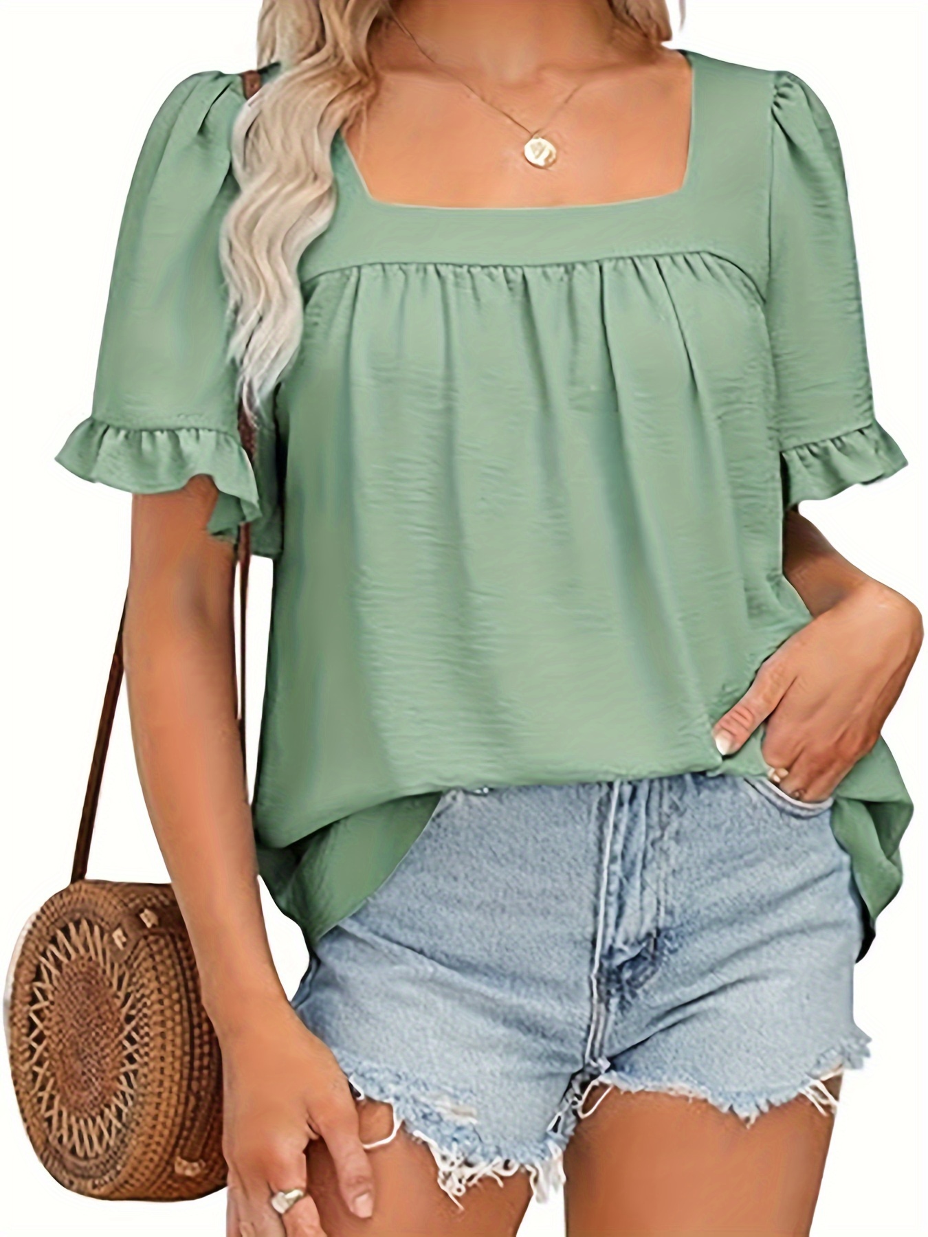 womens summer shirt square neck ruffle sleeve babydoll shirt details 0