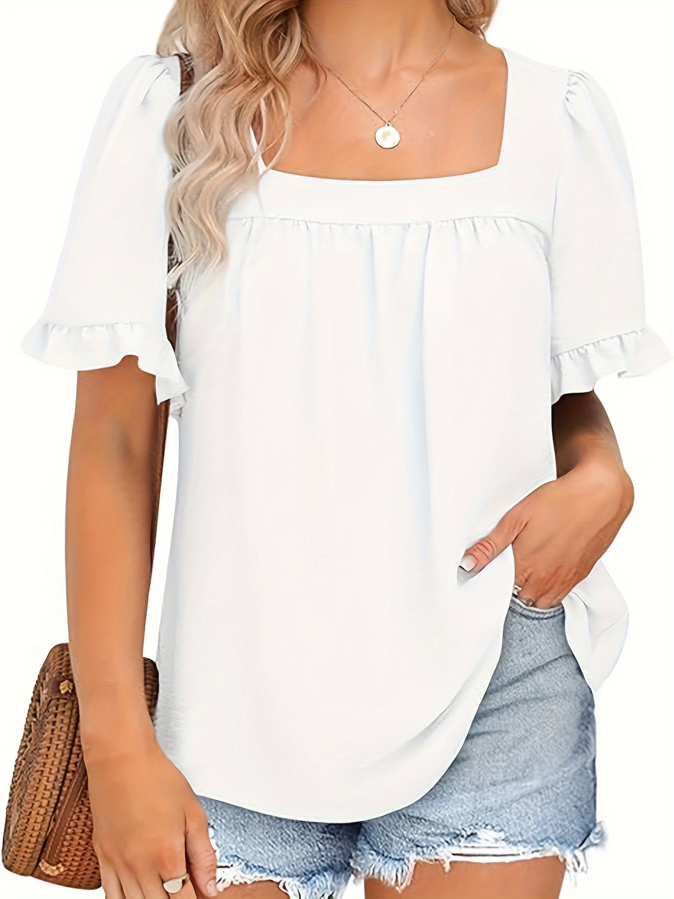 womens summer shirt square neck ruffle sleeve babydoll shirt details 7