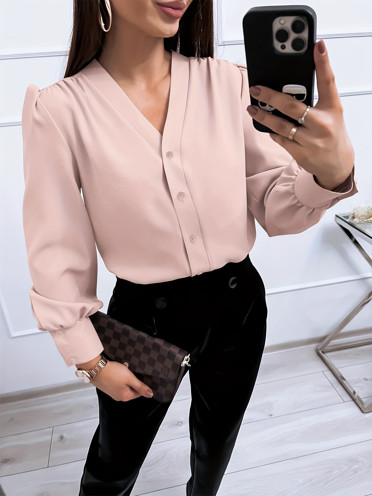 womens business casual tops summer long sleeve silk button down shirts v neck chiffon blouses details 3