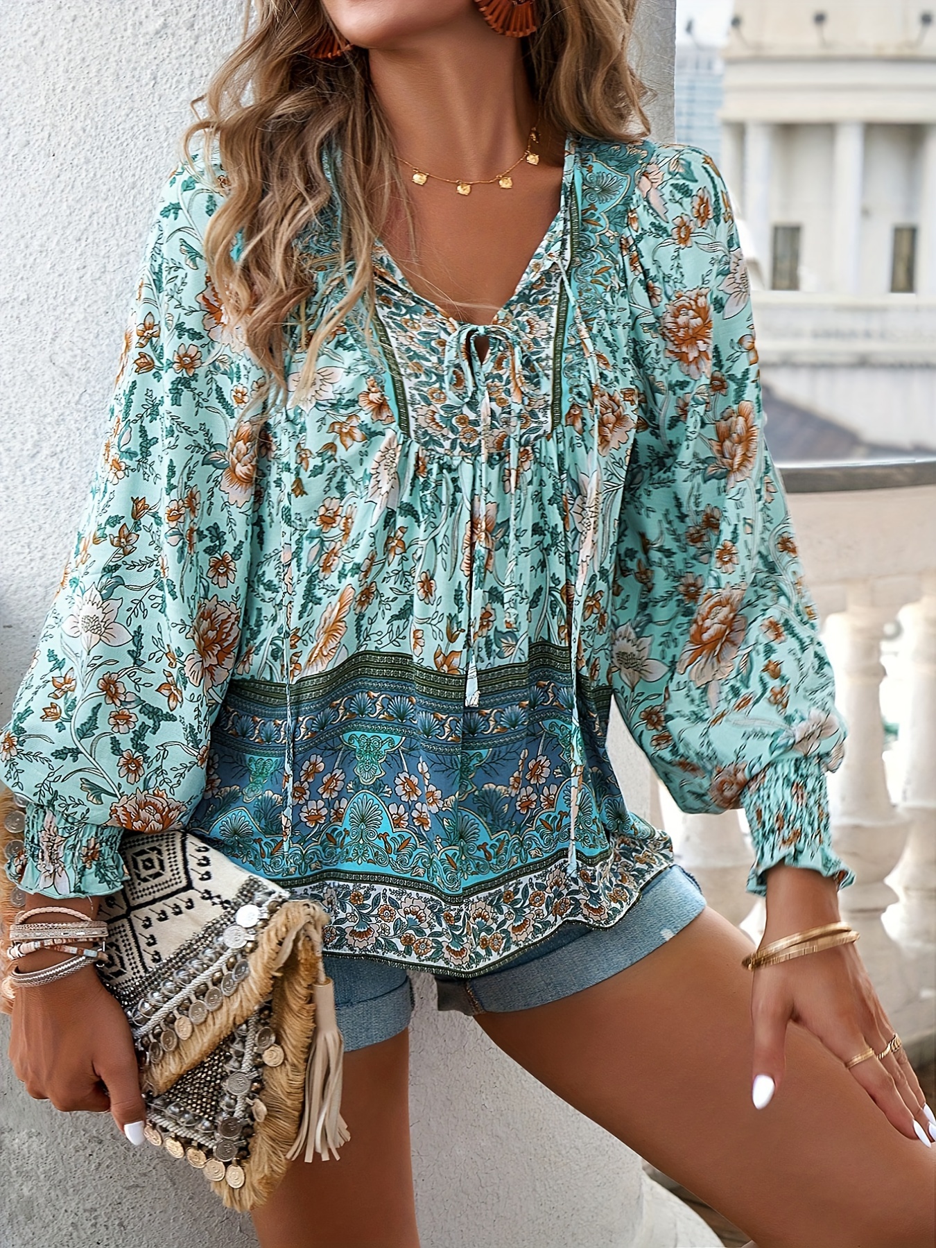 floral print v neck blouse casual drawstring long sleeve blouse for spring fall womens clothing details 0