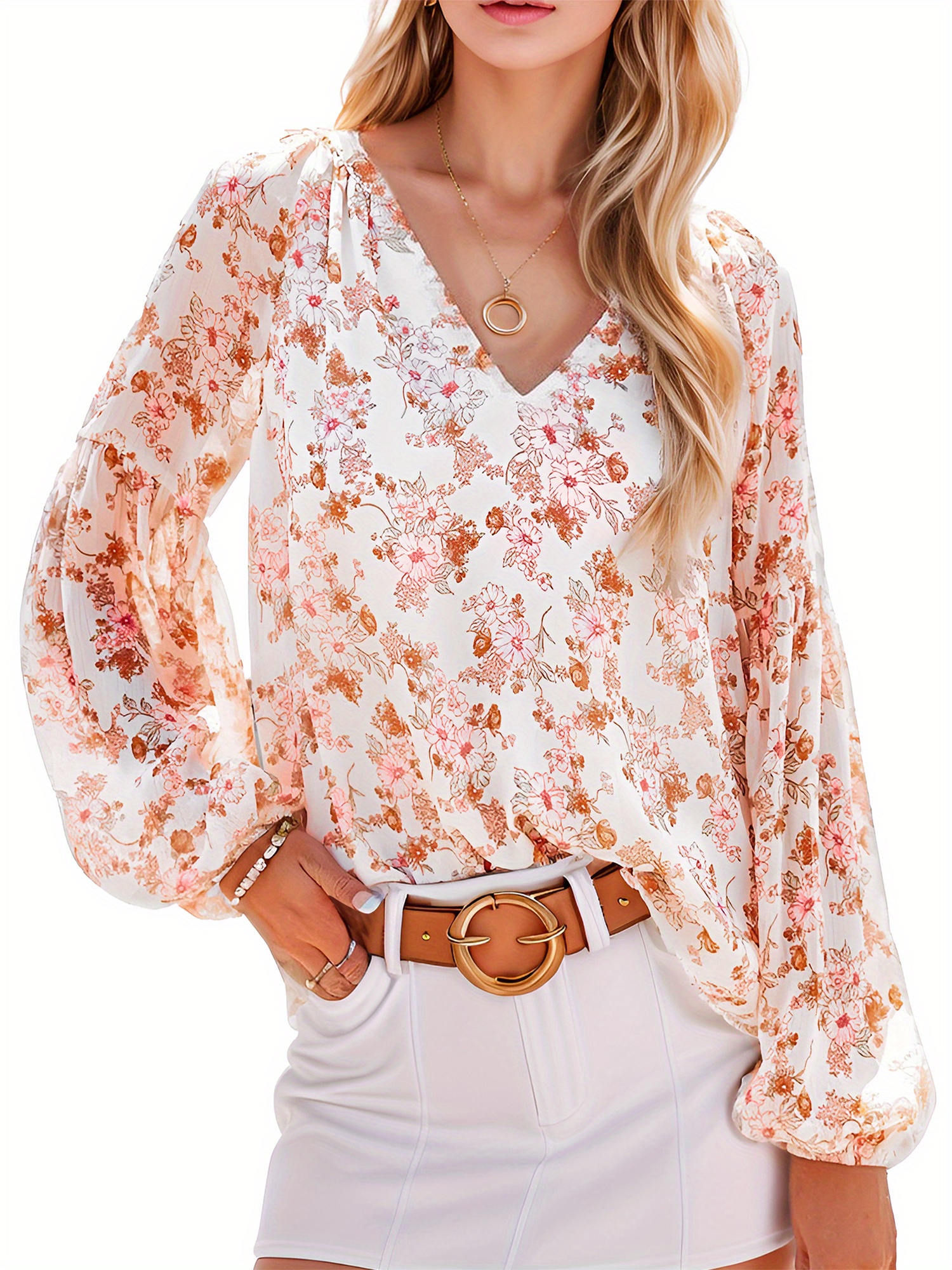 floral print v neck blouse casual baggy lantern long sleeve blouse for spring fall womens clothing details 2