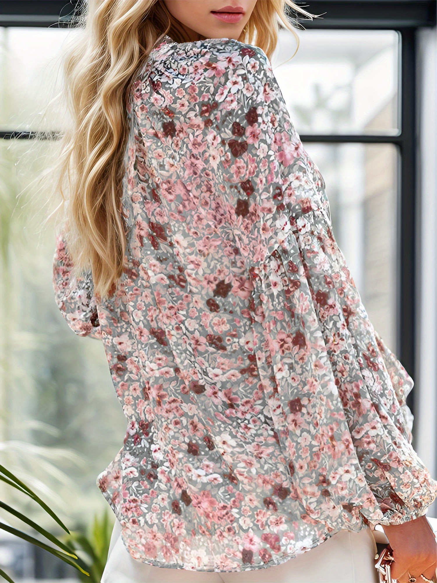 floral print v neck blouse casual baggy lantern long sleeve blouse for spring fall womens clothing details 4