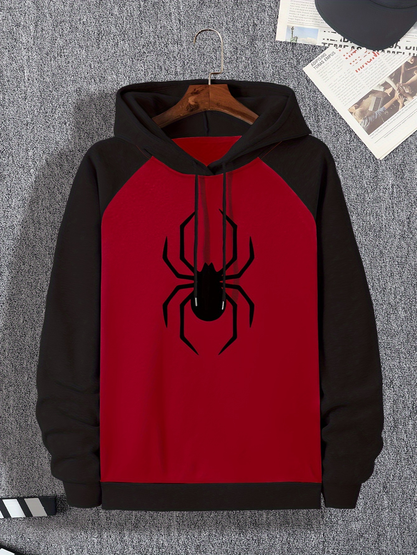 mens plus size color block hoodie comfy long sleeve sweatshirt with spider print pocket details 0