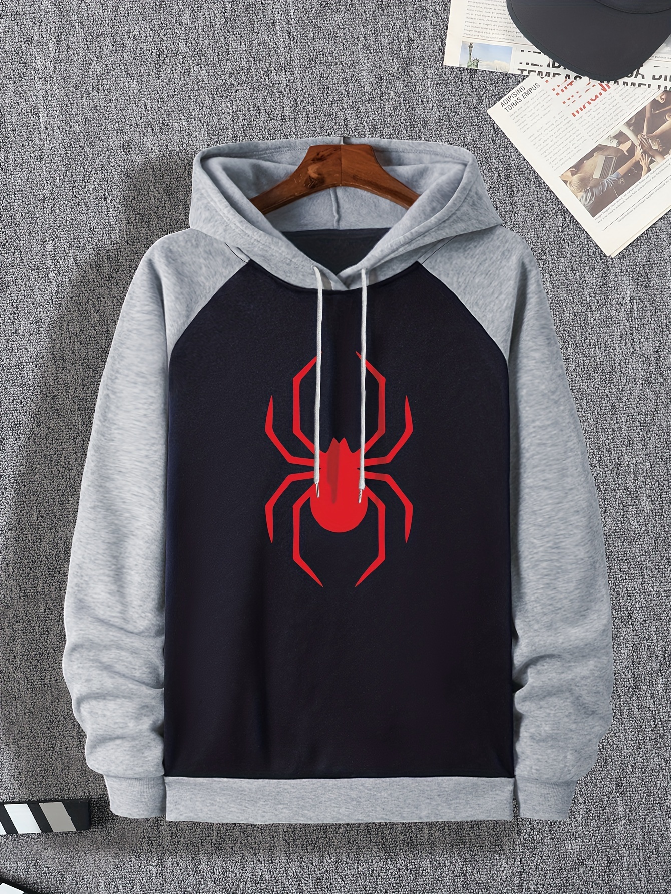 mens plus size color block hoodie comfy long sleeve sweatshirt with spider print pocket details 18