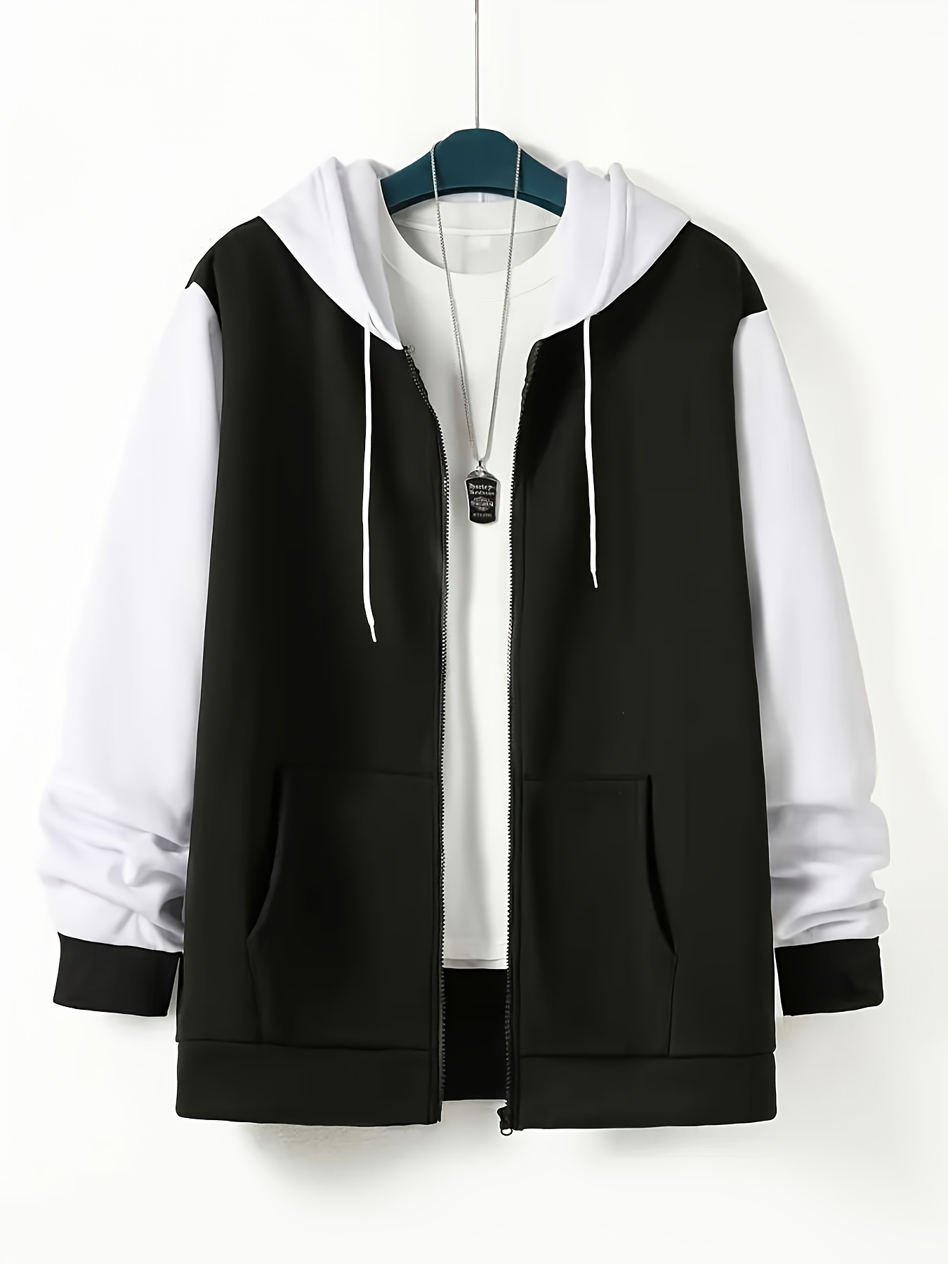 plus size mens contrast color hooded jacket for spring fall trendy casual outdoor sports jacket details 0