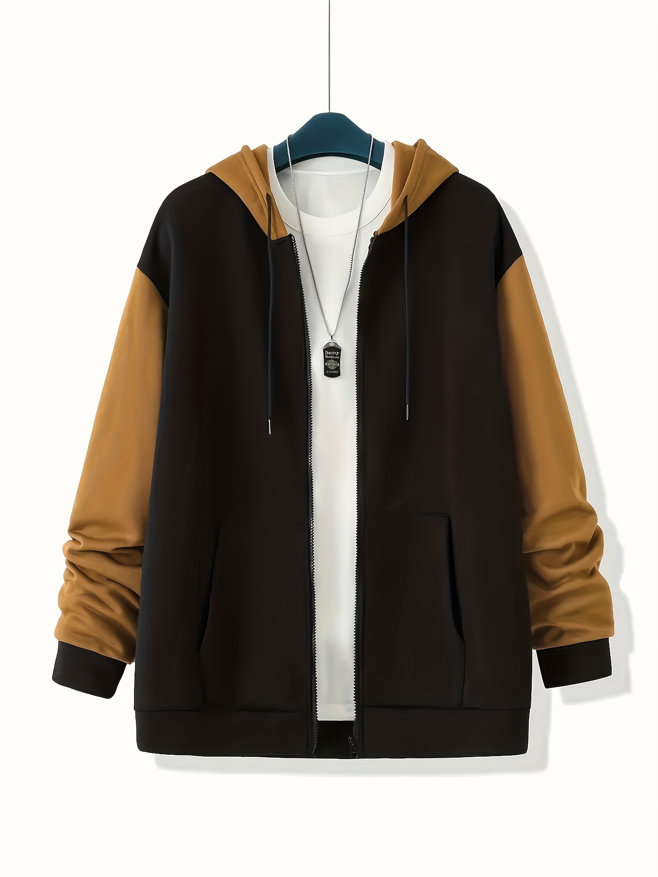 plus size mens contrast color hooded jacket for spring fall trendy casual outdoor sports jacket details 5