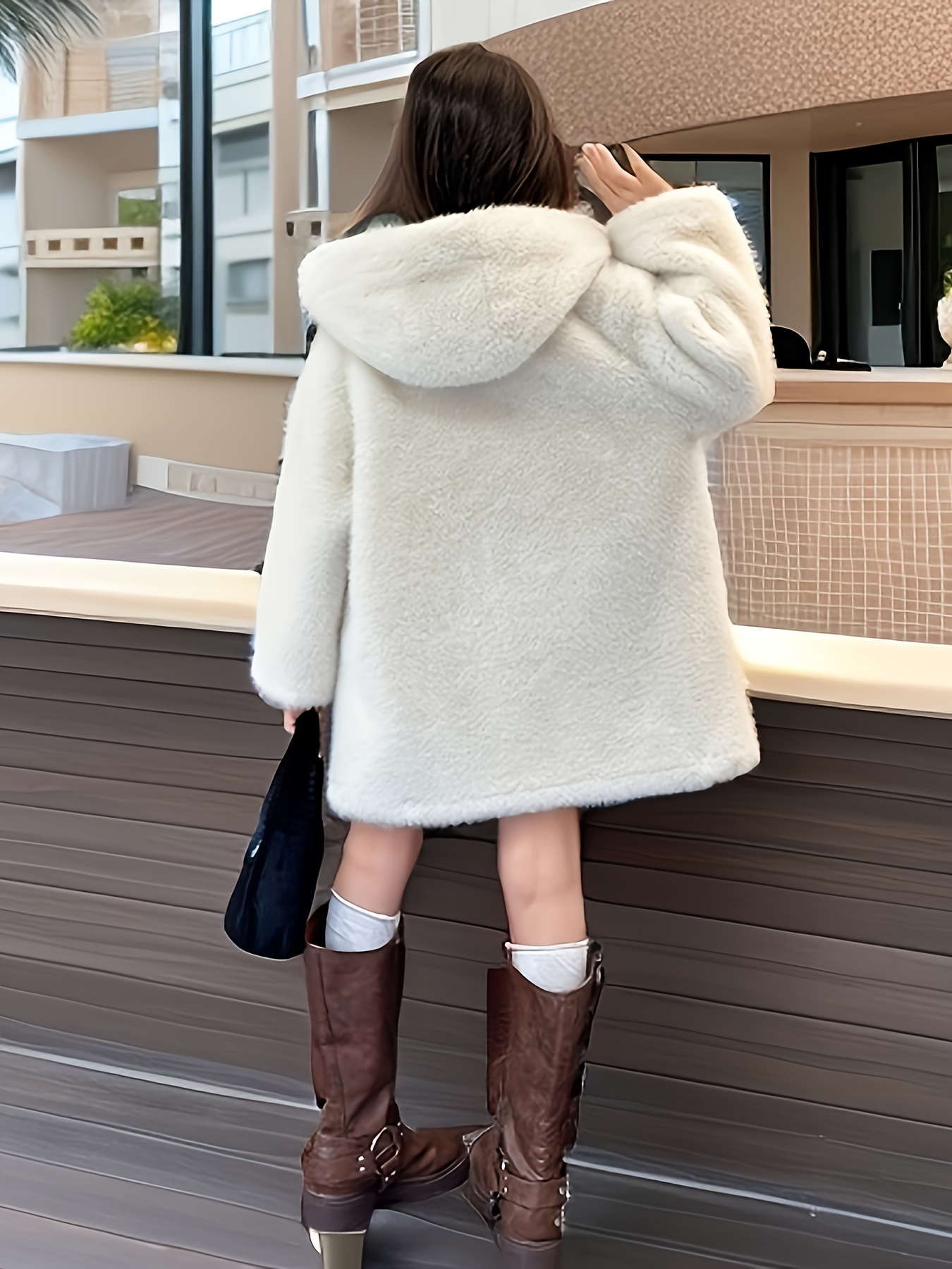 Elegant Girl s Faux Fur Long Coat, Medium Length, Open Front Thick Fleece Warm Winter Outerwear details 2