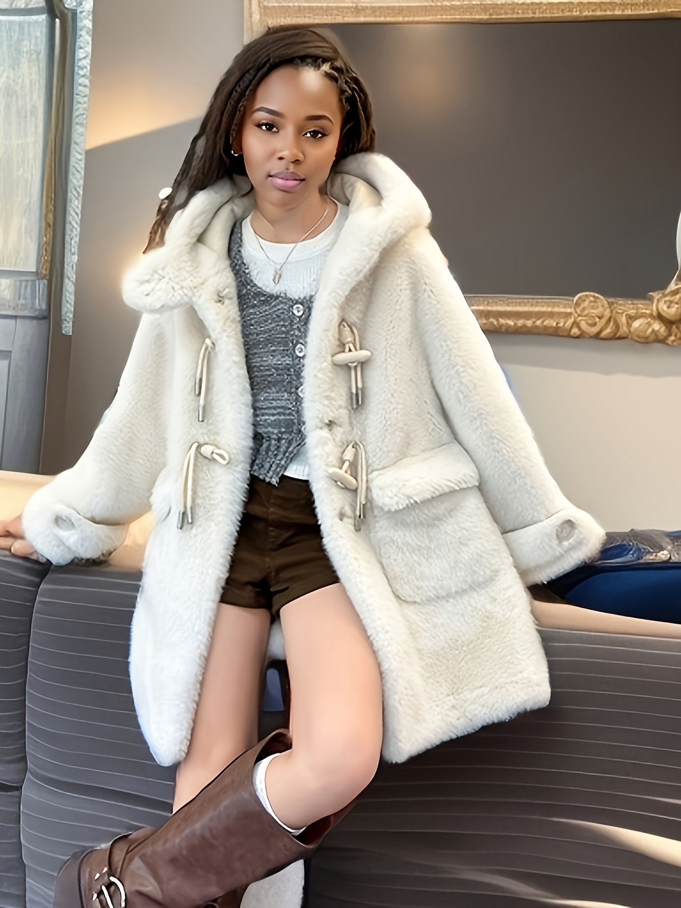 Elegant Girl s Faux Fur Long Coat, Medium Length, Open Front Thick Fleece Warm Winter Outerwear details 3