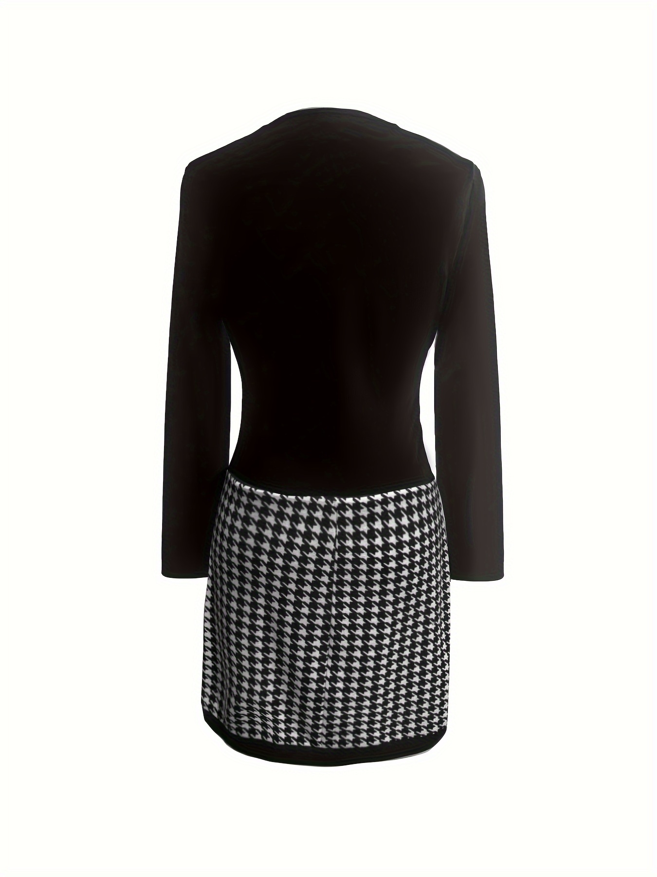 houndstooth print v neck dress casual long sleeve slim dress womens clothing details 2