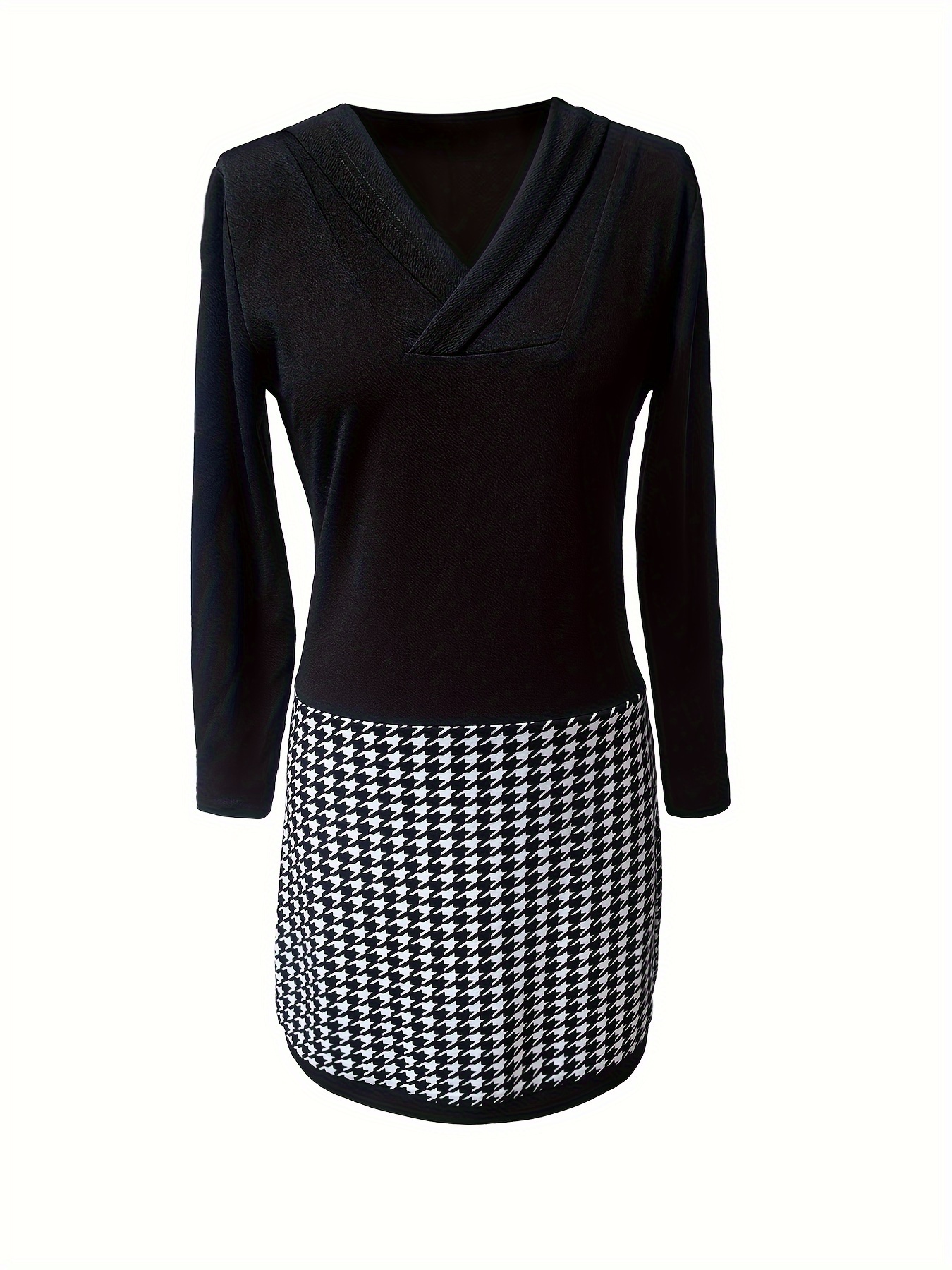 houndstooth print v neck dress casual long sleeve slim dress womens clothing details 3