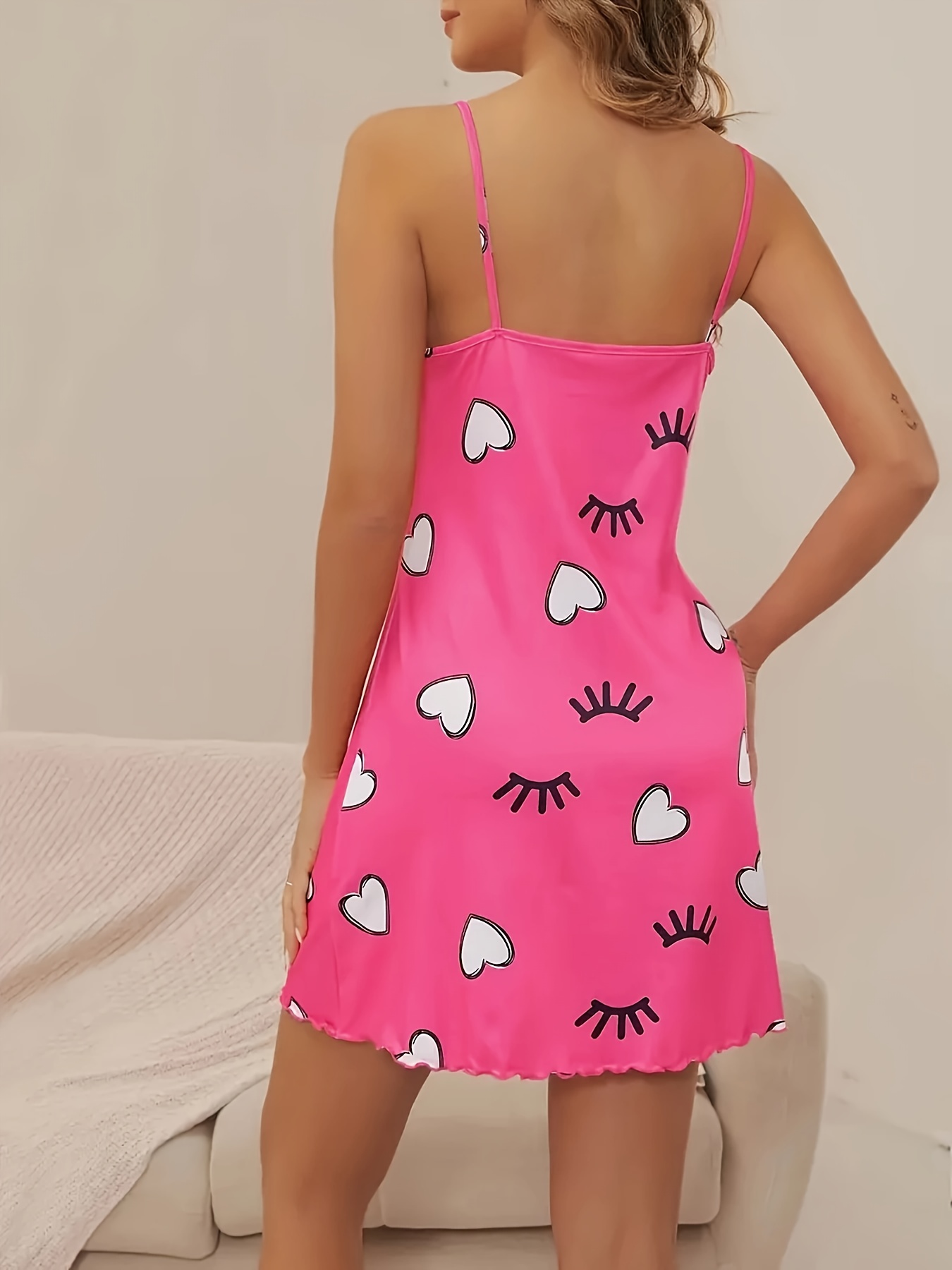 heart print lettuce trim cami dress cute sleeveless slim dress for spring summer womens clothing details 3