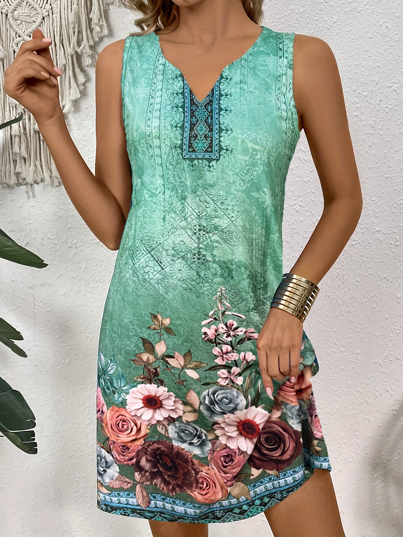 floral print notched neck dress casual sleeveless tank dress for spring summer womens clothing details 0