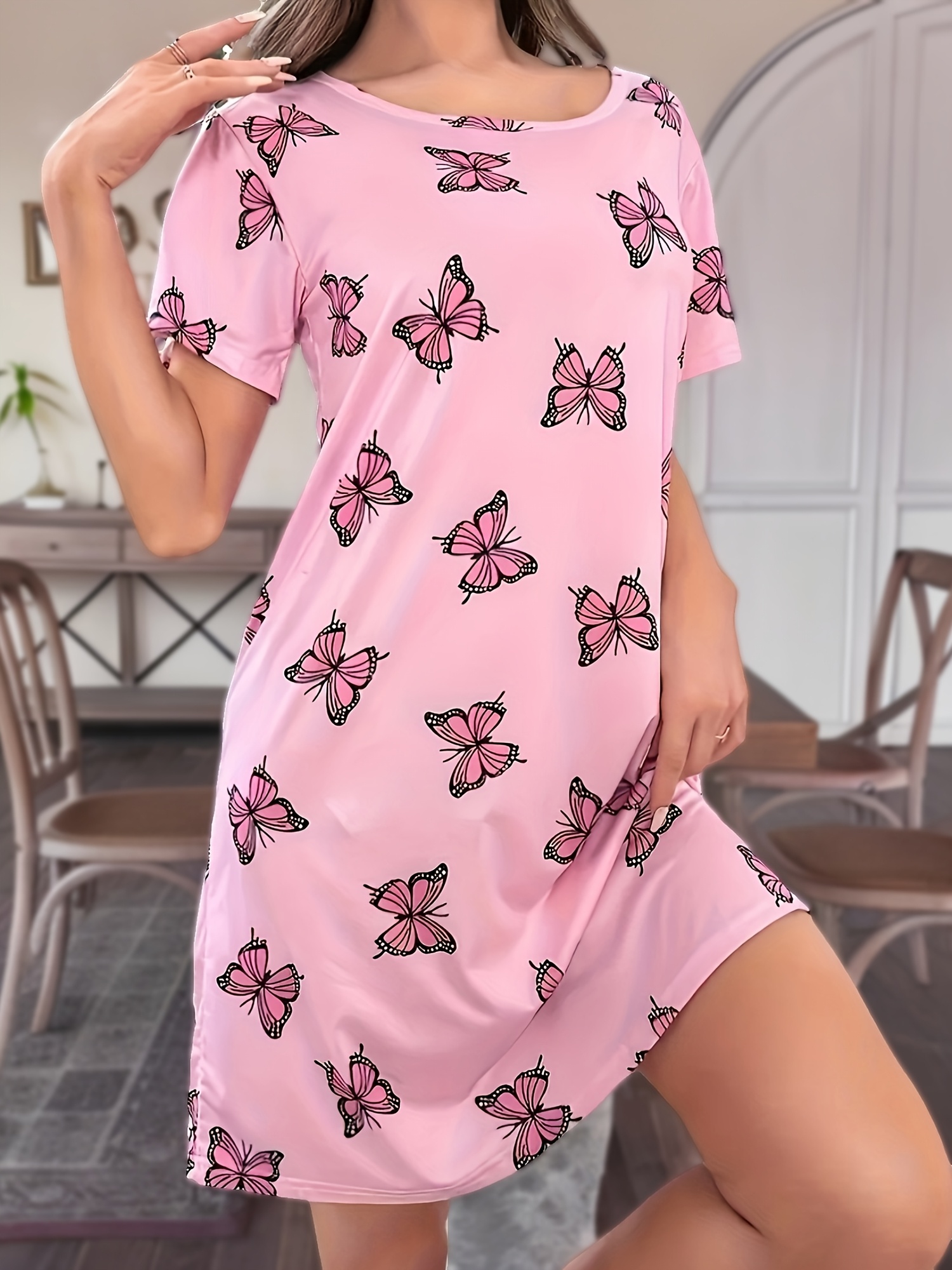 butterfly print crew neck dress casual short sleeve dress for spring summer womens clothing details 2