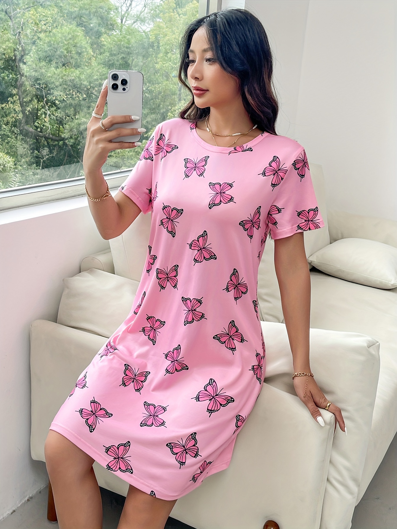 butterfly print crew neck dress casual short sleeve dress for spring summer womens clothing details 4