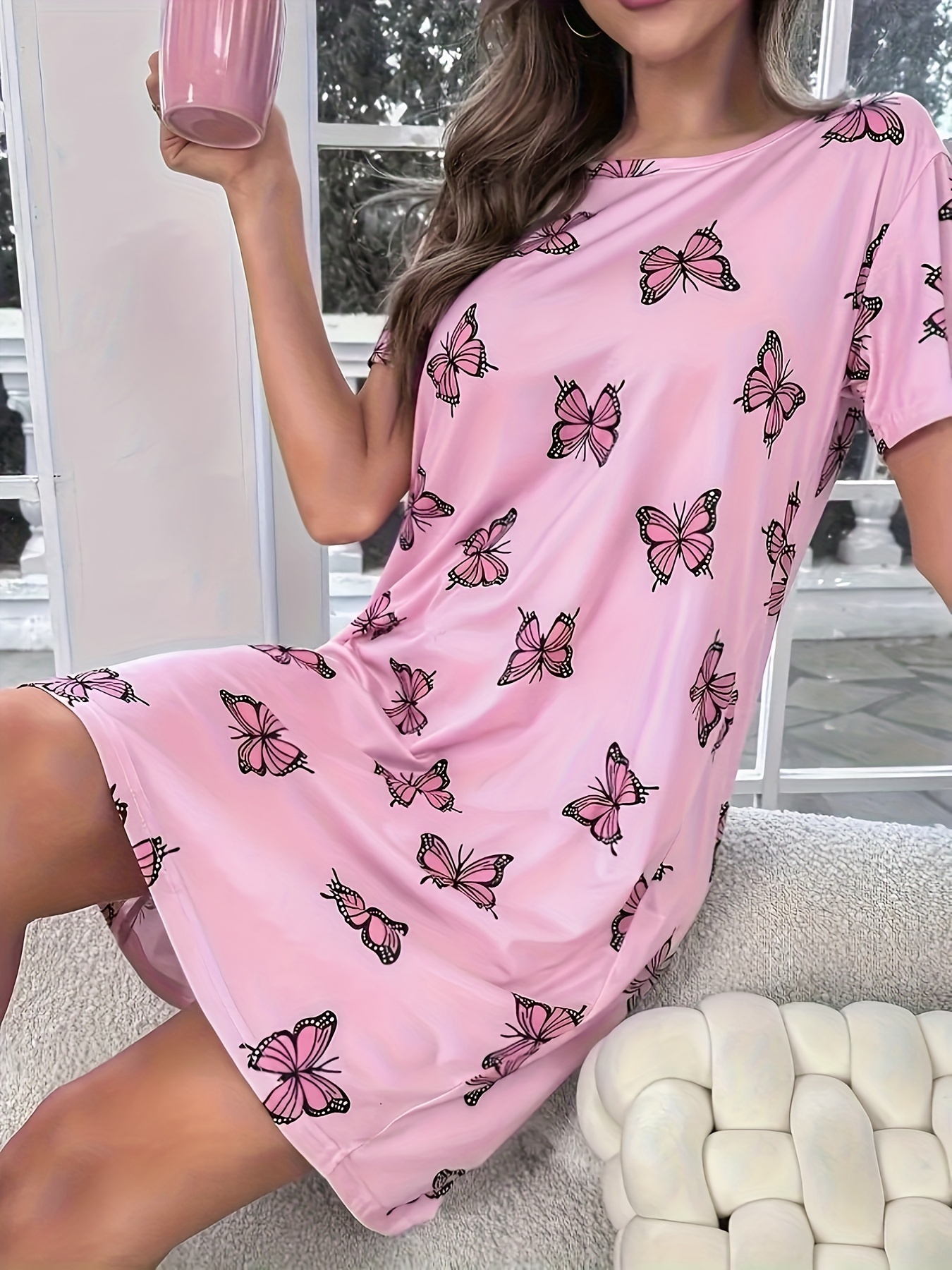 butterfly print crew neck dress casual short sleeve dress for spring summer womens clothing details 6