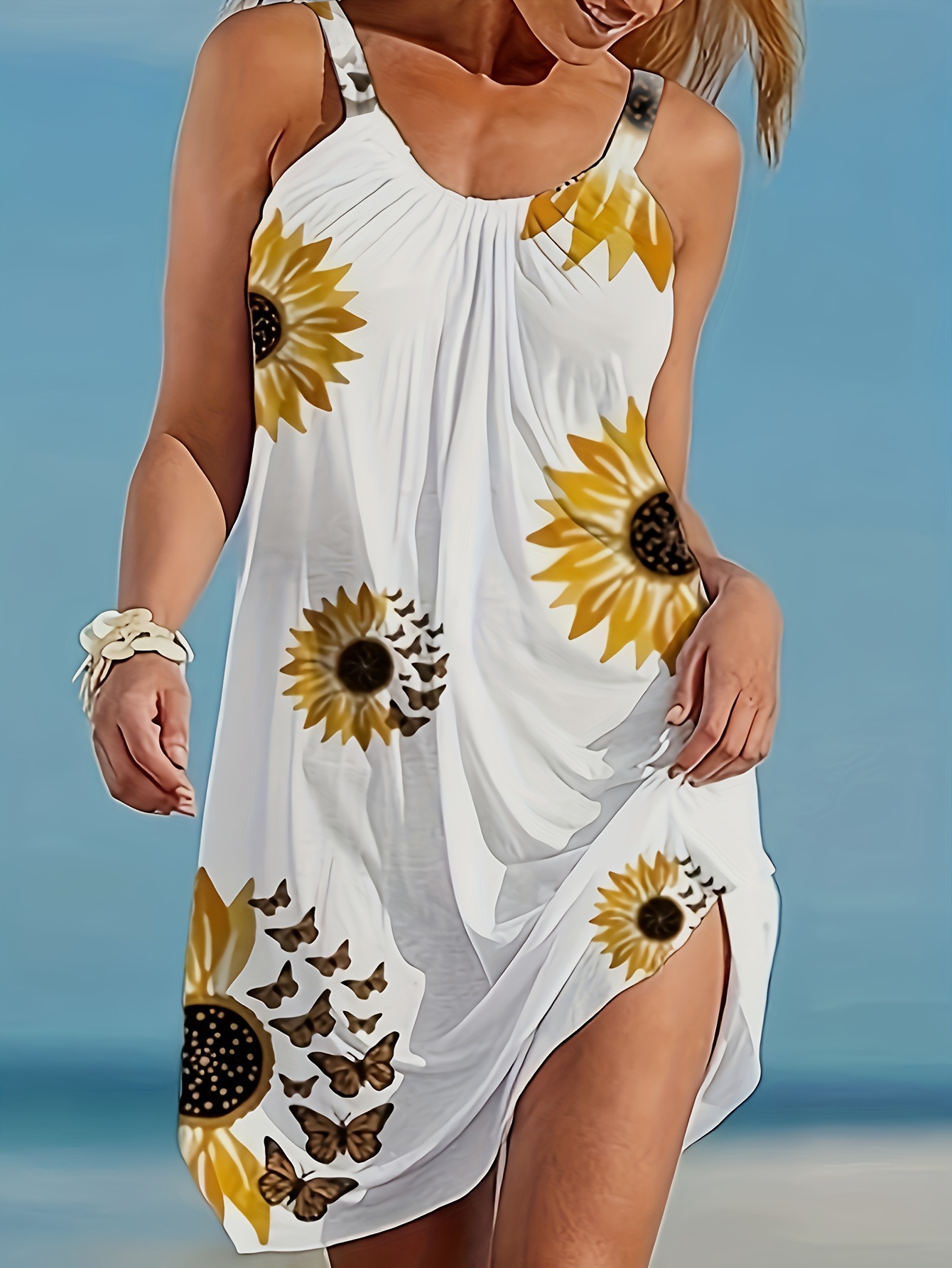 sunflower print cami dress vacation sleeveless loose dress womens clothing details 0