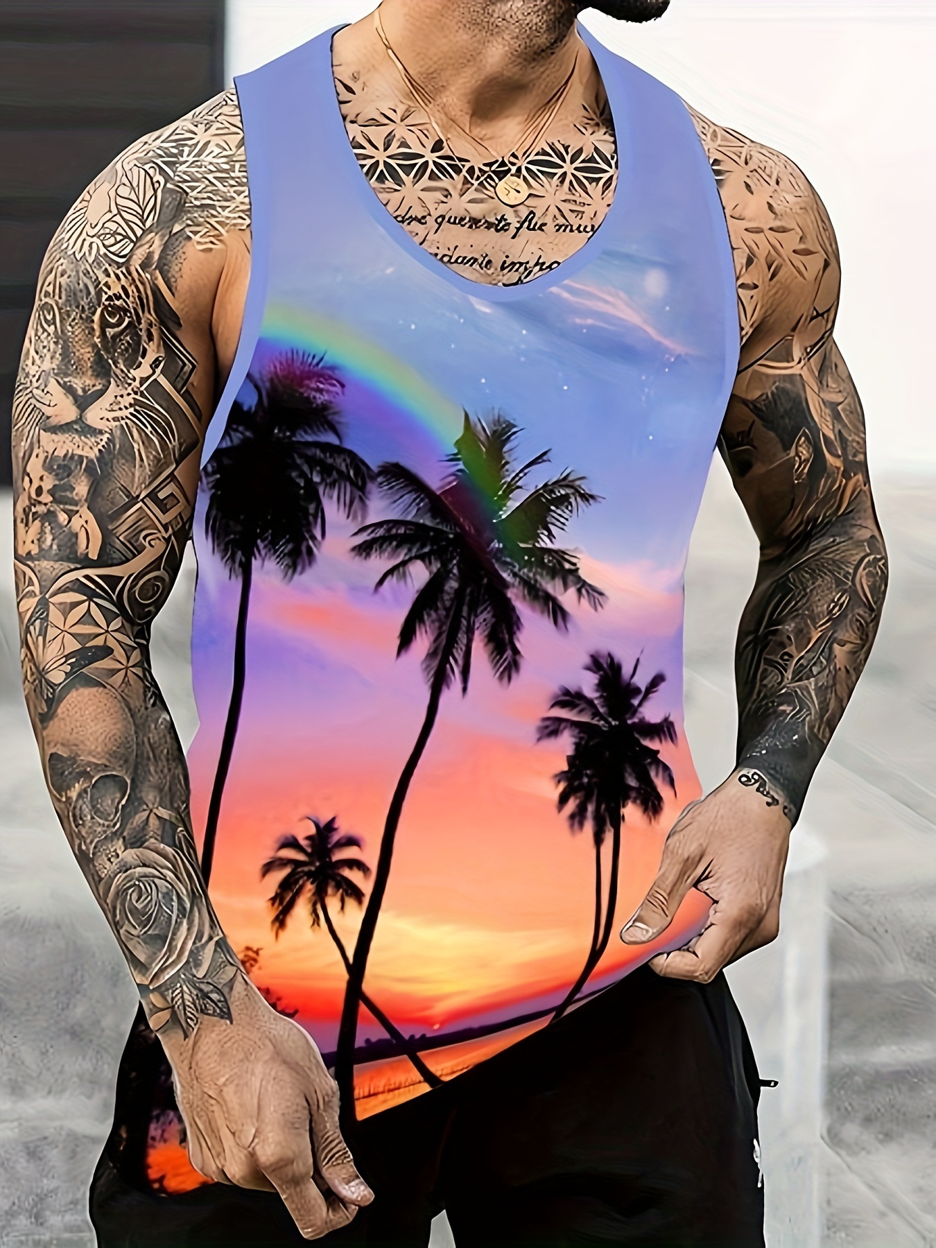 mens trendy crew neck graphic tank top with fancy palm tree prints street style for summer wear details 0