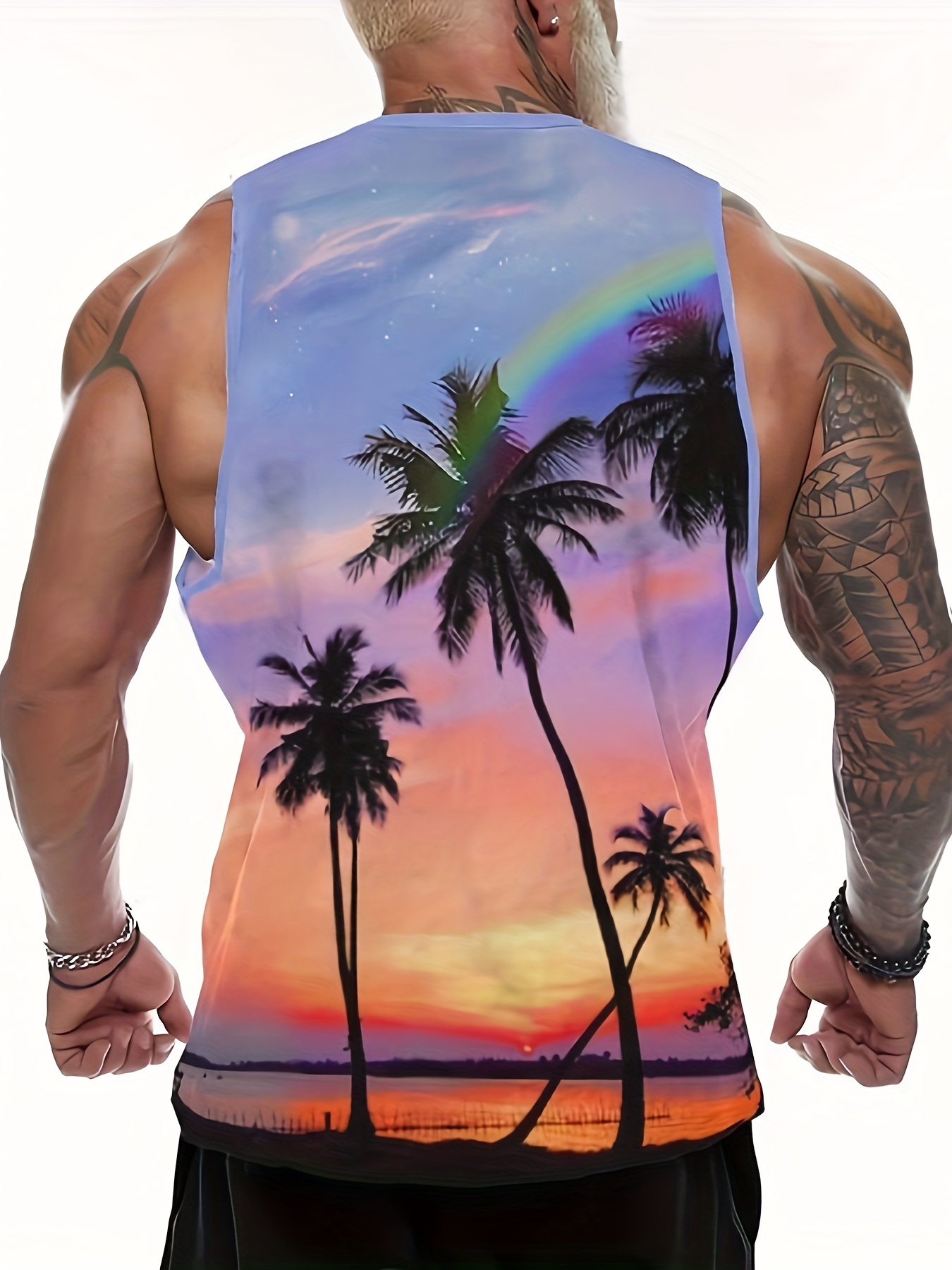 mens trendy crew neck graphic tank top with fancy palm tree prints street style for summer wear details 1