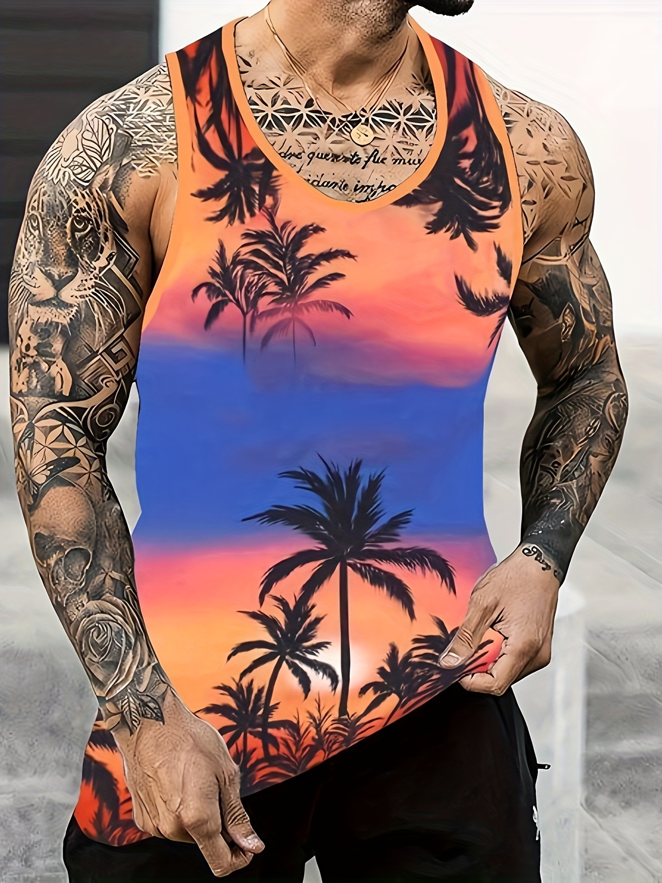 mens trendy crew neck graphic tank top with fancy palm tree prints street style for summer wear details 2