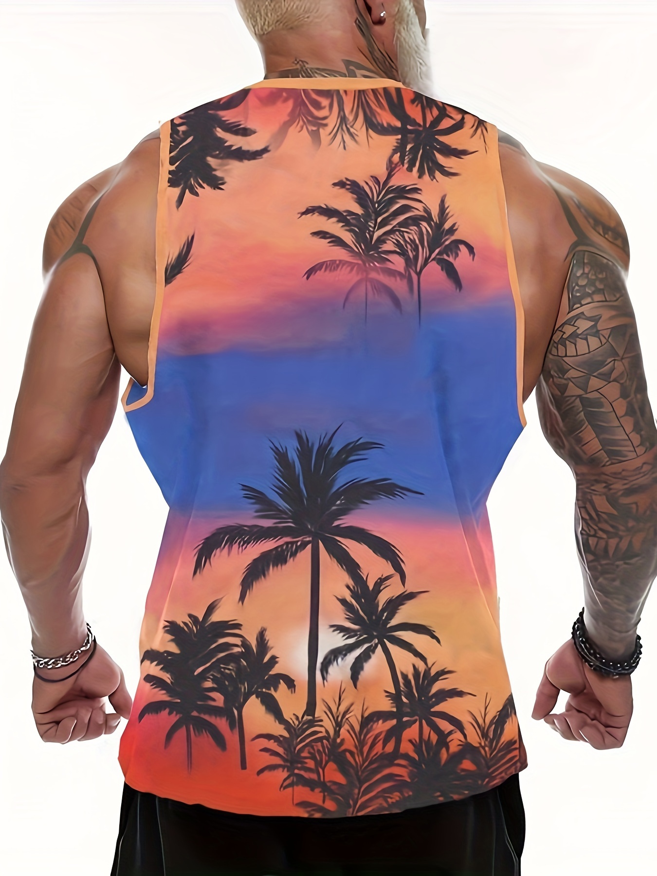 mens trendy crew neck graphic tank top with fancy palm tree prints street style for summer wear details 3